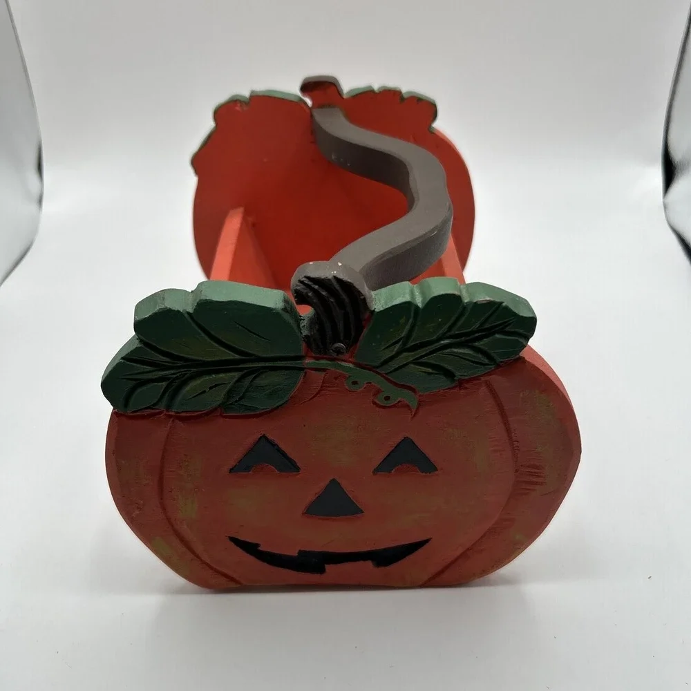 Pumpkin Wood Caddy Halloween Decor Orange Checkered Folk Art Hand Painted